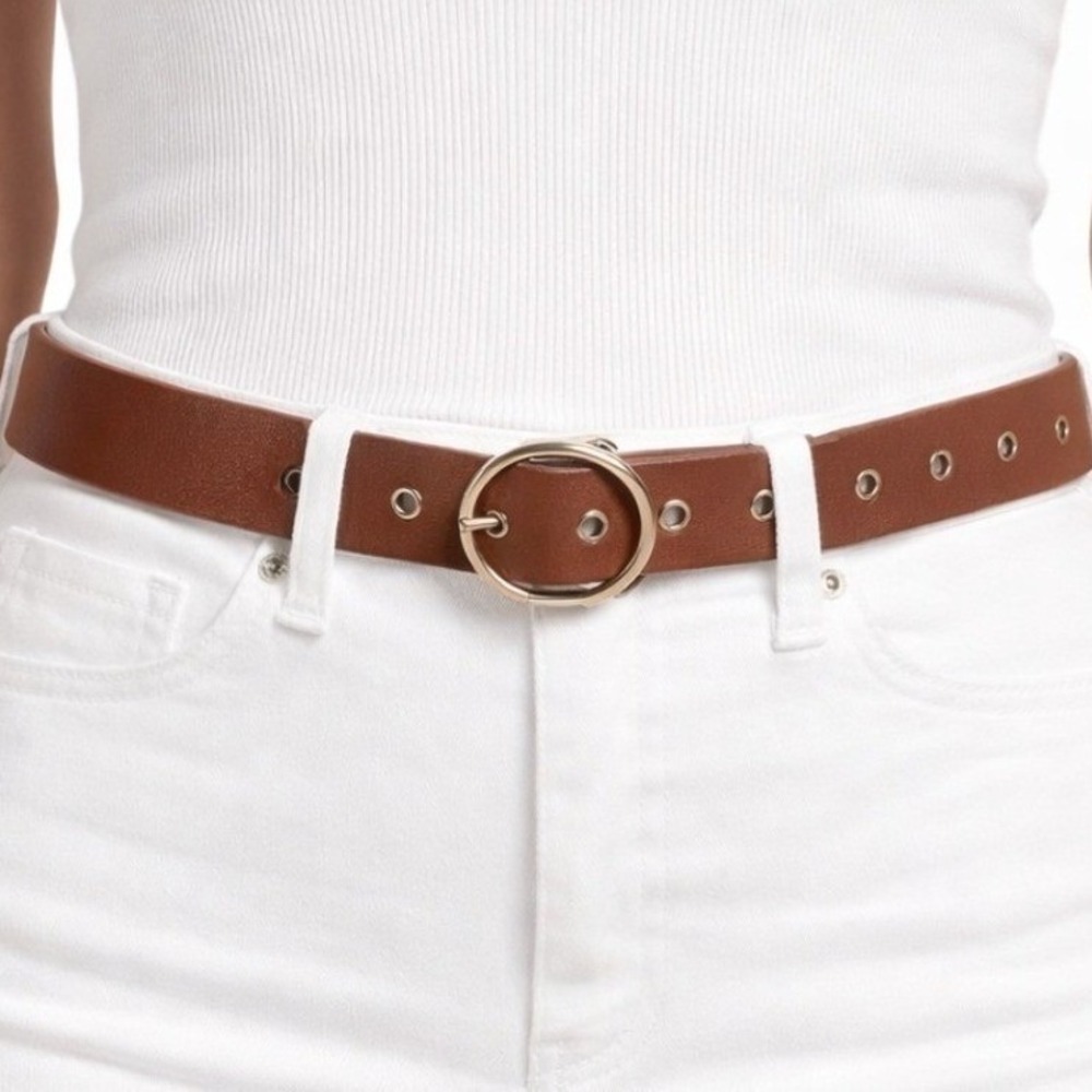 Womens Cognac Brown Faux Leather Grommet Belt with Gold Round Buckle Size M